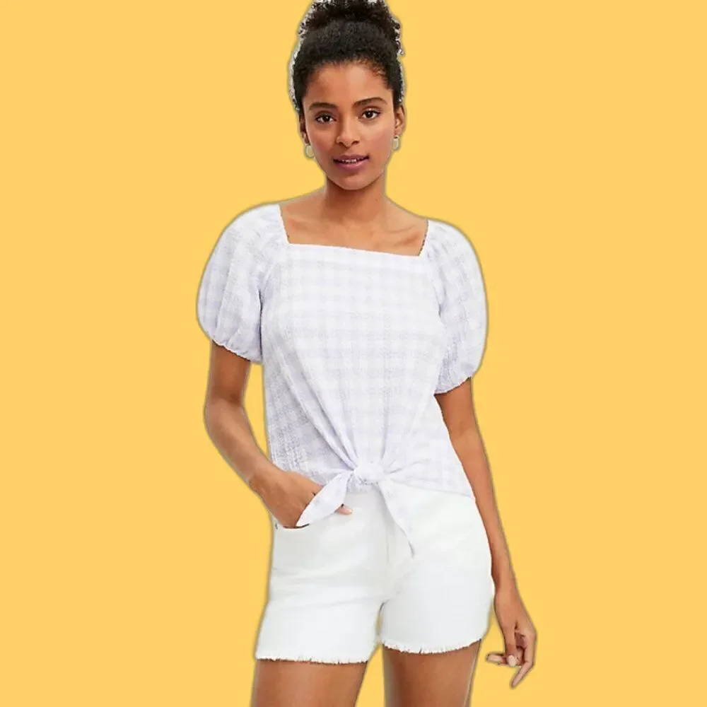 LOFT Gingham Smocked Top Square Neck Puff Sleeve Tie Front Blouse Sz L NWT